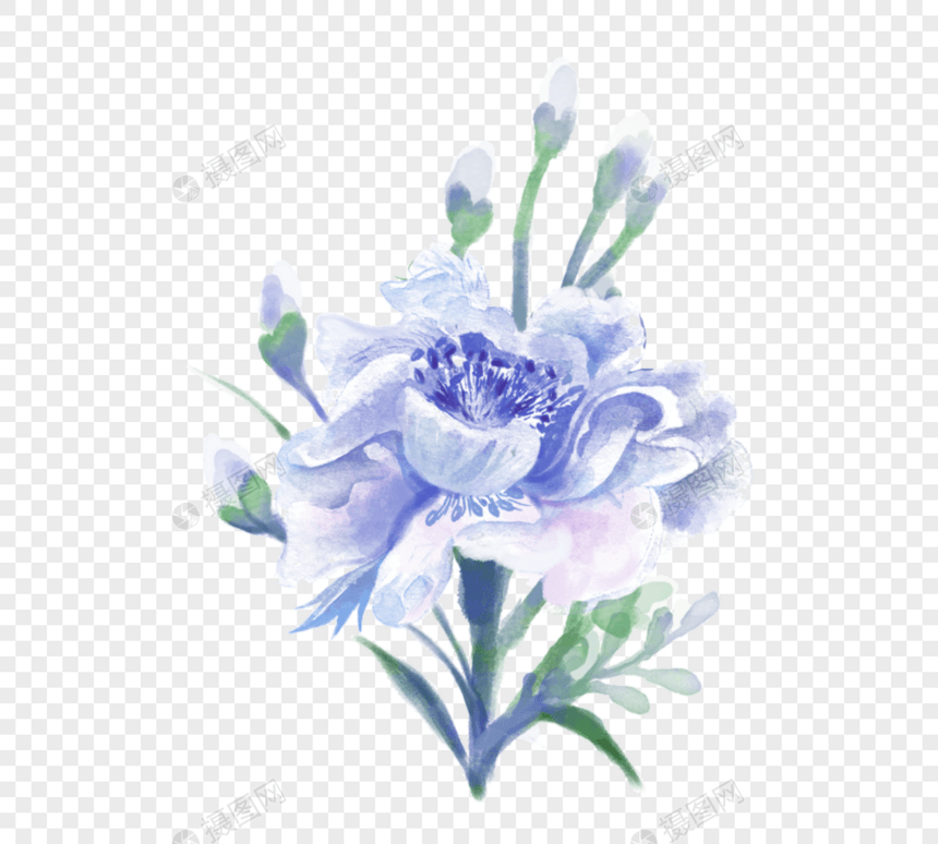 蓝色花朵绿枝和叶元素图片