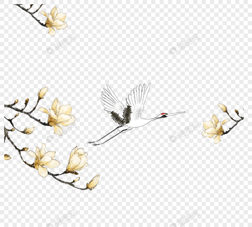 手绘花朵树枝丹顶鹤元素设计图片