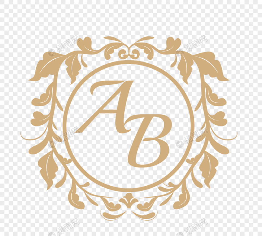 金色古典欧式婚礼新人圆形名牌蔓藤植物边框图片