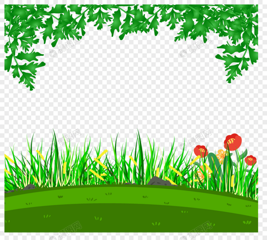 绿色春季草坪手绘植物素材图片