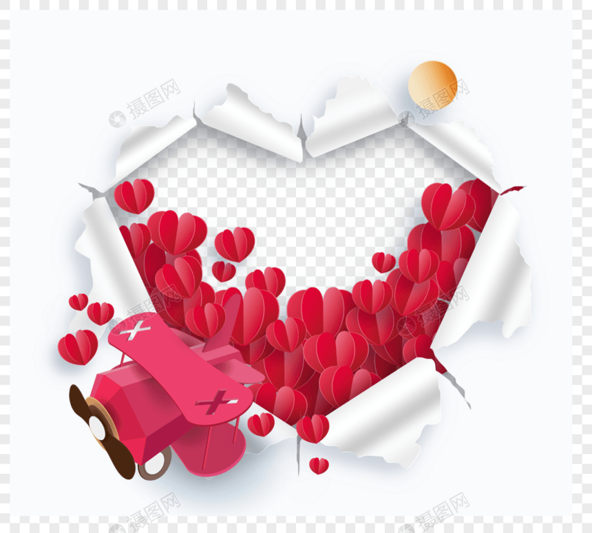 浪漫情人节撕纸效果飞机爱心热气球图片