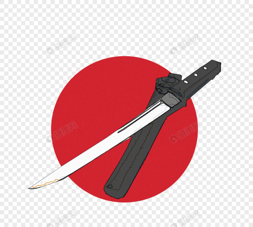 手绘日本武士刀剪影元素图片