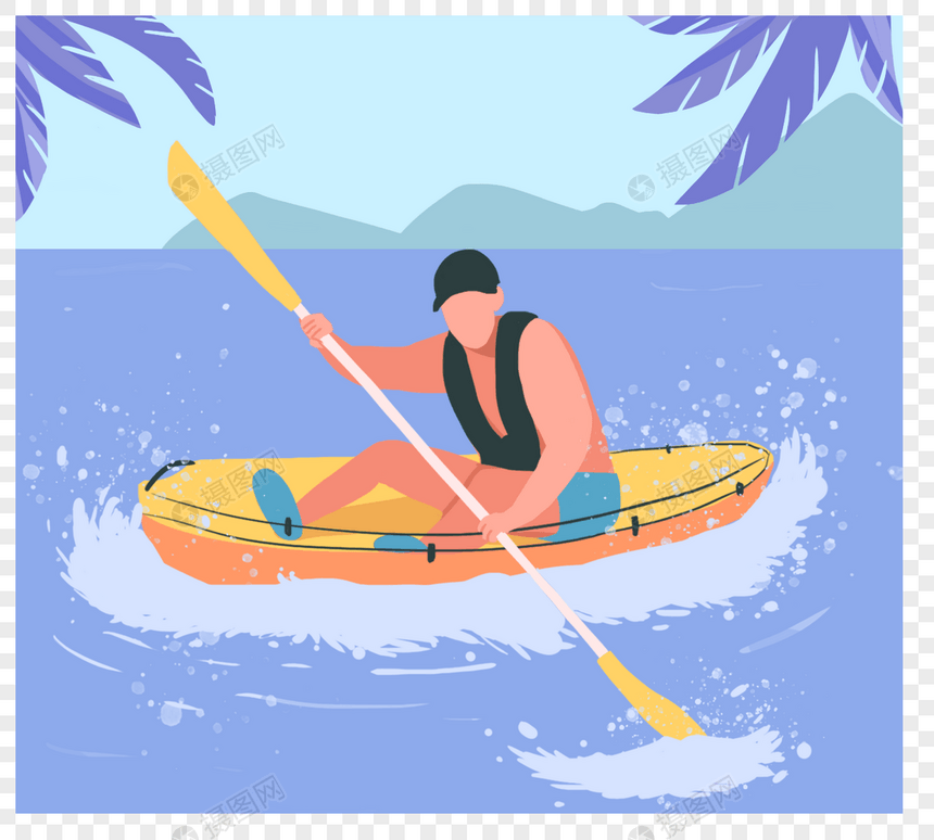 小清新色卡通扁平化夏季度假海上运动皮划艇插图元素psd格式图片