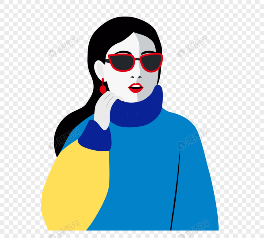 蓝黄复古时尚风格戴墨镜长发女性元素图片