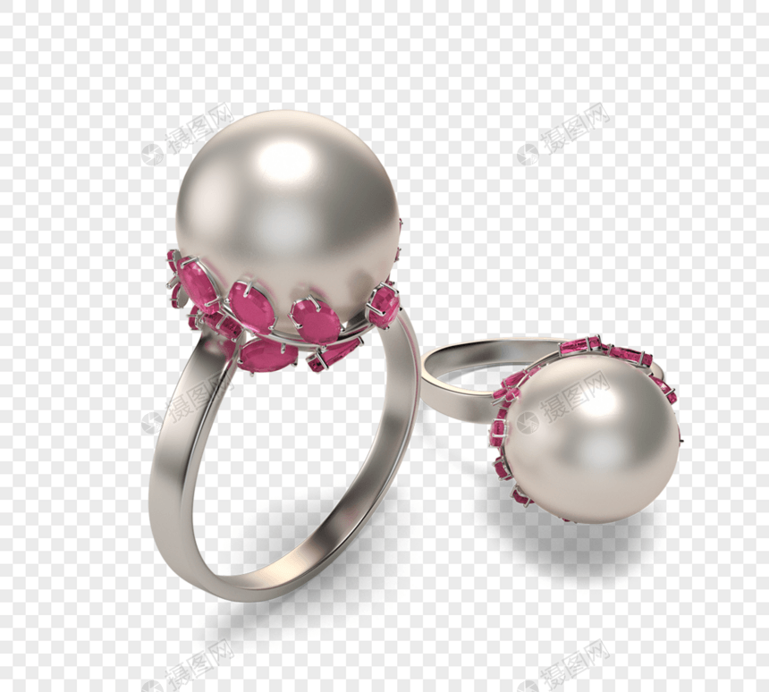粉色宝石树叶珍珠戒指图片