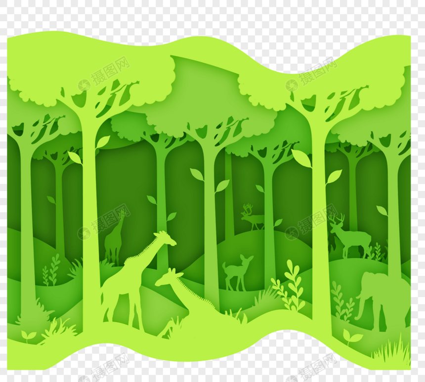 绿色环保森林动物剪纸元素图片
