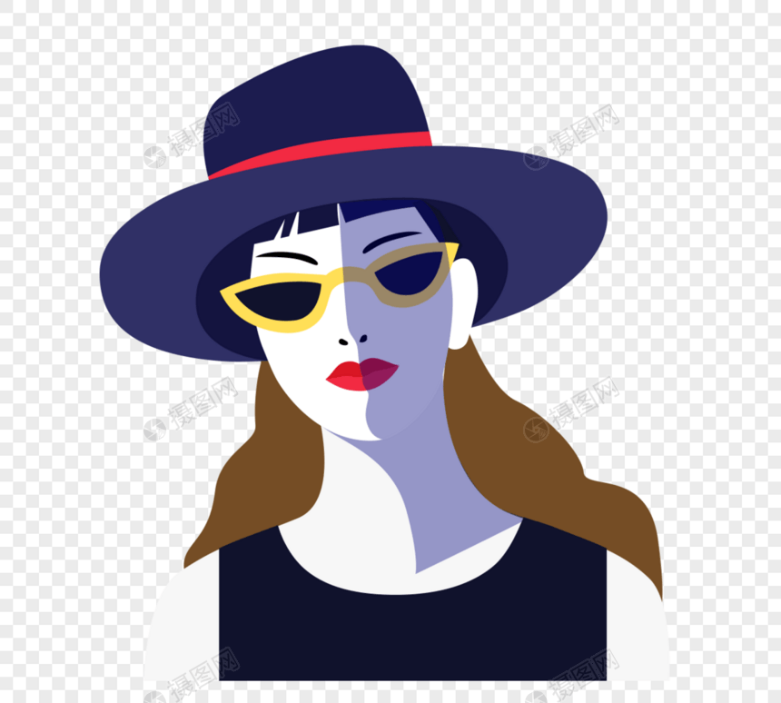 蓝黑复古时尚风格墨镜长发女性元素图片