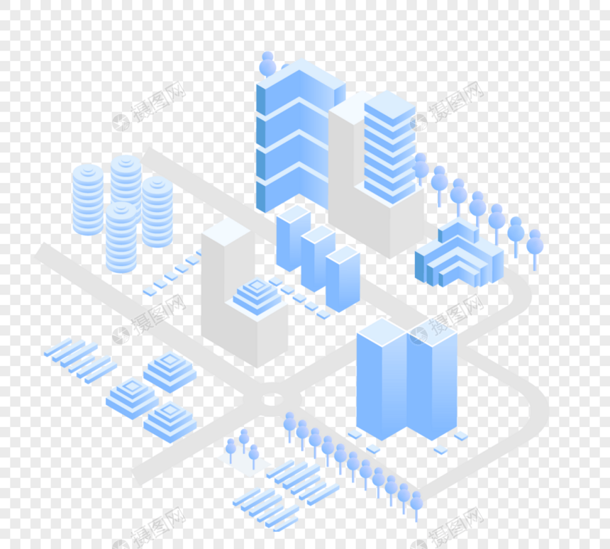25d蓝色渐变创意立体几何等距简约城市建筑图片