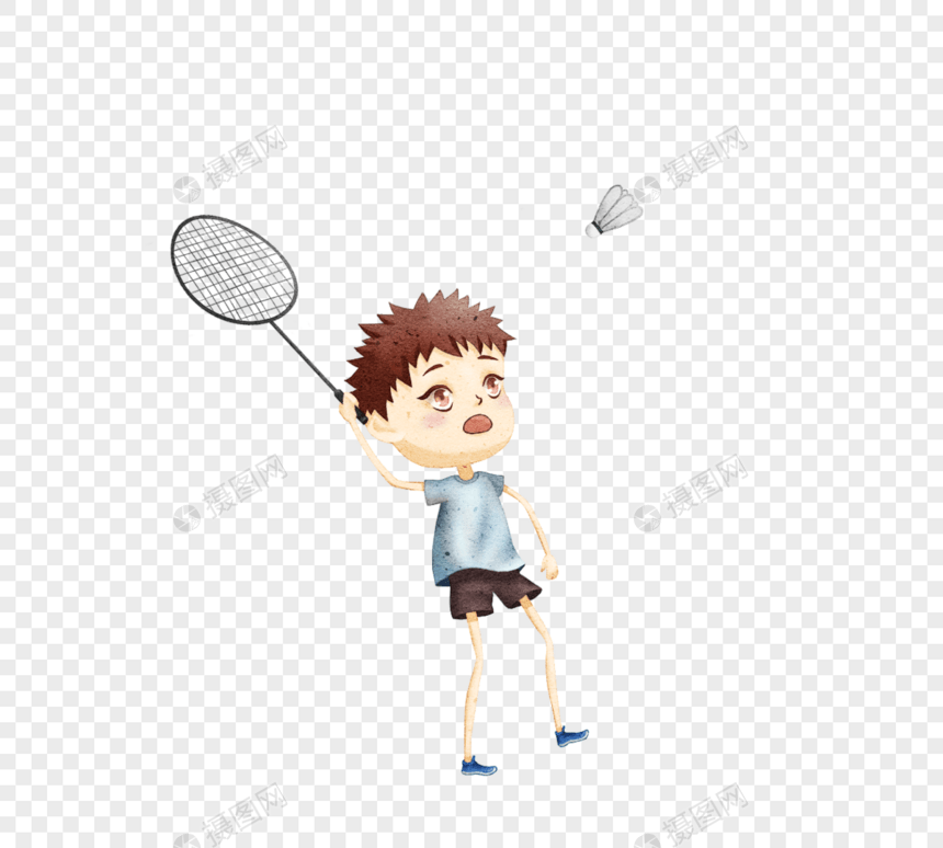 卡通精力充沛男孩打羽毛球图片
