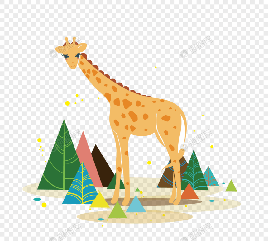 简约扁平手绘可爱长颈鹿树木图片