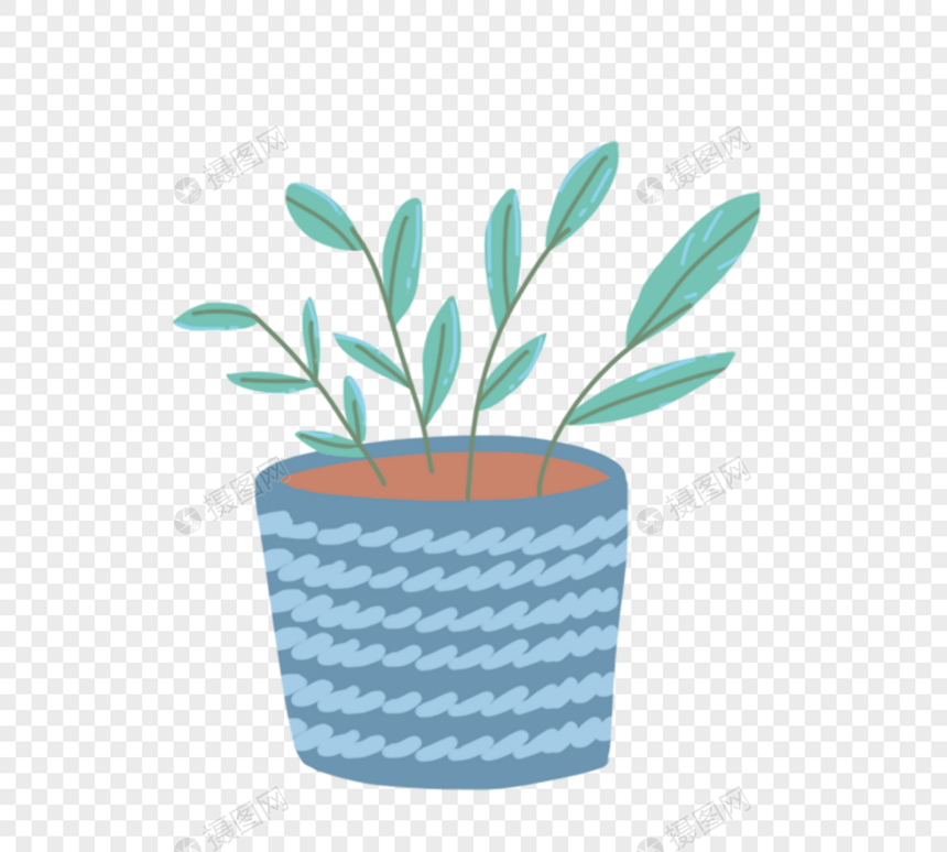 手绘可爱卡通绿色植物蓝色盆栽图片