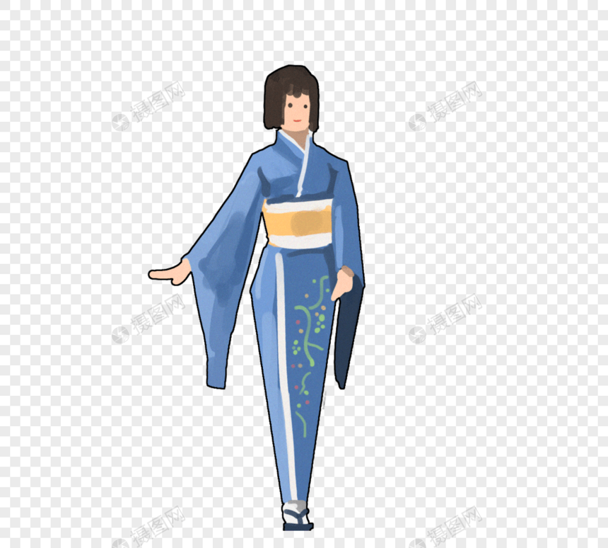 蓝色卡通日本女性和服人物元素图片