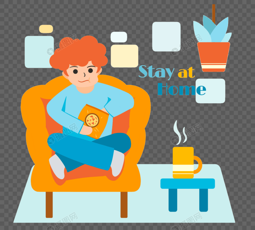 男孩椅子零食茶杯蓝色橙黄色留在家里装饰图片