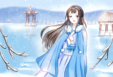 美女行走雪中的汉服少女插画