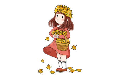 带花环的小女孩捡枫叶的小女孩GIF高清图片