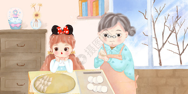 和家人一起包饺子水彩插画图片