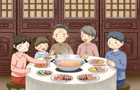 吃火锅孩子冬至一家人一起吃火锅插画