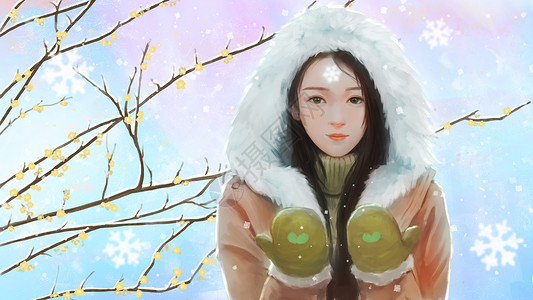 唯美雪中女孩冬天下雪插画背景图片