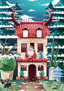 圣诞节海报驯鹿素材坐在房顶的圣诞老人插画