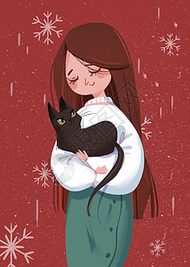 冬日抱猫的女孩手机壁纸背景图片