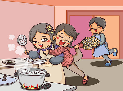 立冬煮饺子家庭生活插画图片
