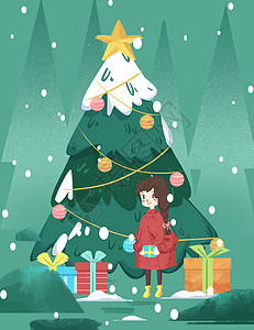 女孩与圣诞树手机壁纸背景图片