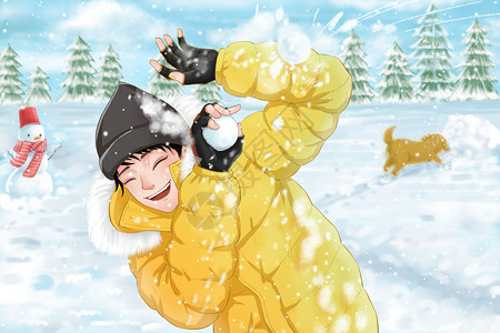 玩雪的男孩冬天打雪仗的少年插画