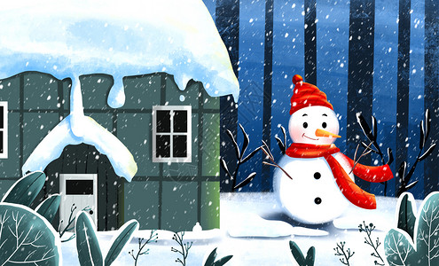 小雪节气之雪地雪屋雪人插画图片