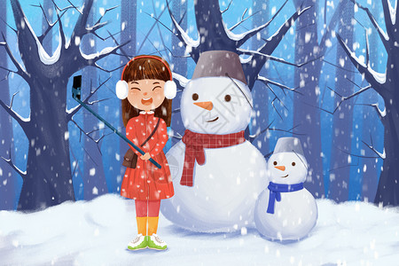 低温运输女孩和雪人拍照插画