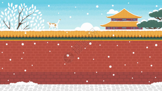 红墙古建筑冬日初雪骑车出行GIF高清图片