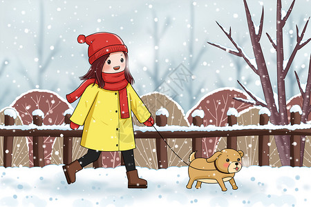 雪中漫步的女孩和小狗图片