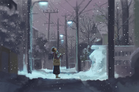 下雪路灯雪中的少女插画