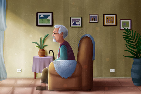 老年棋牌室独自坐在房间里的老人插画