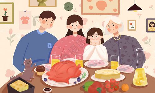 感恩节一家人吃火鸡大餐插画图片