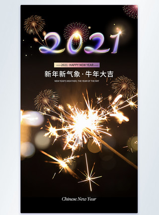 牛摄影时尚大气烟花2021牛年元旦摄影图海报模板