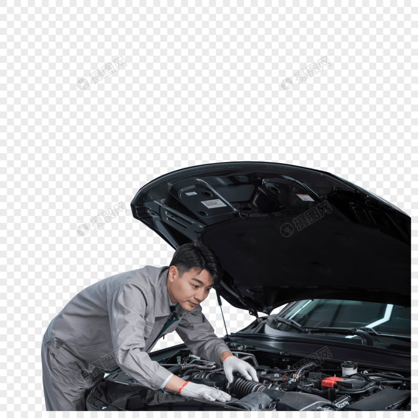汽车维修工人检测汽车前机舱图片