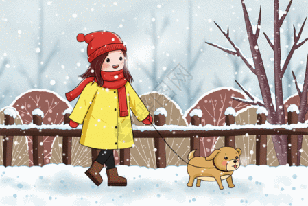 雪中漫步的女孩和小狗GIF图片