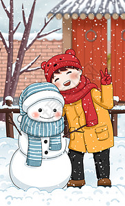 玩雪的小孩雪中的小孩和雪人插画