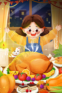 感恩节美味火鸡女孩插画图片