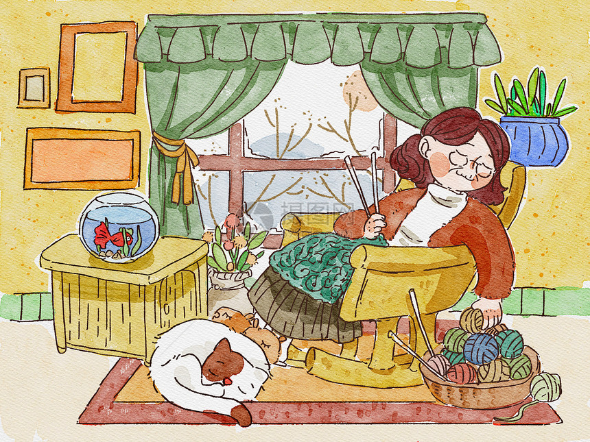 冬天在家里织毛衣的老奶奶水彩图片