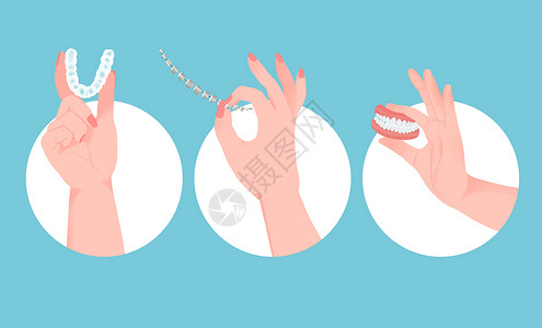 活动义齿医疗机械口腔义齿假牙及牙套组合插画