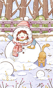 冬天女孩与猫咪堆雪人插画背景图片