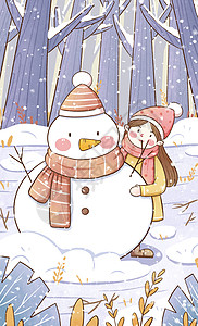 清新冬季女孩和雪人插画冬天高清图片素材