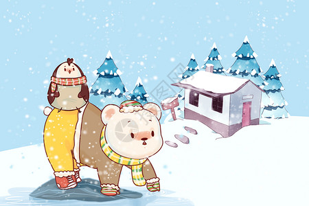 与北极熊玩耍坐在北极熊背上的企鹅插画