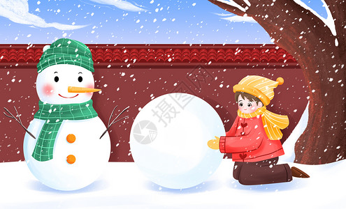 大雪之在围墙下玩雪的女孩子背景图片
