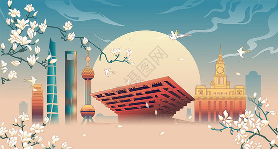 上海南汇天空中国风建筑风景插画插画