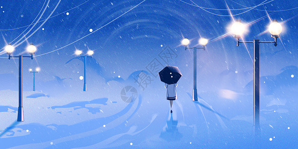 户外夜景冬日路灯下的雪景插画