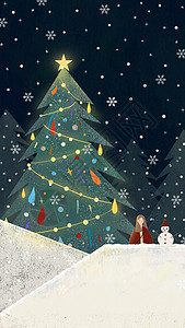 带雪人和圣诞树的边框女孩和户外的圣诞树插画