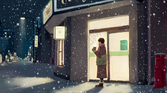 独立建筑冬日夜晚的街道插画