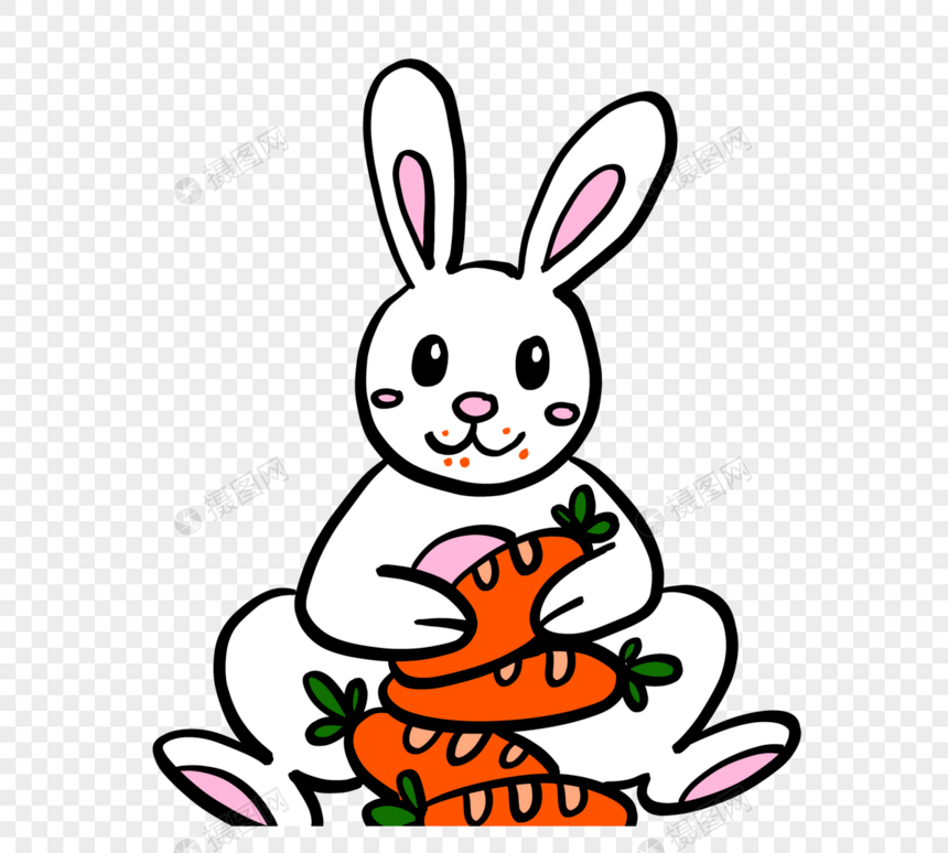 手绘可爱白色兔子吃胡萝卜元素图片